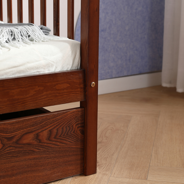 FCH Vertical Fence Brown Painted Pine Toddler Bed with Bottom Drawer and Side Car Bed