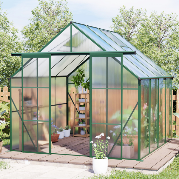 8x8 FT Double Door Polycarbonate Greenhouse Raised Base and Anchor Aluminum Heavy Duty Walk-in Greenhouses for Outdoor Backyard in All Season,Green