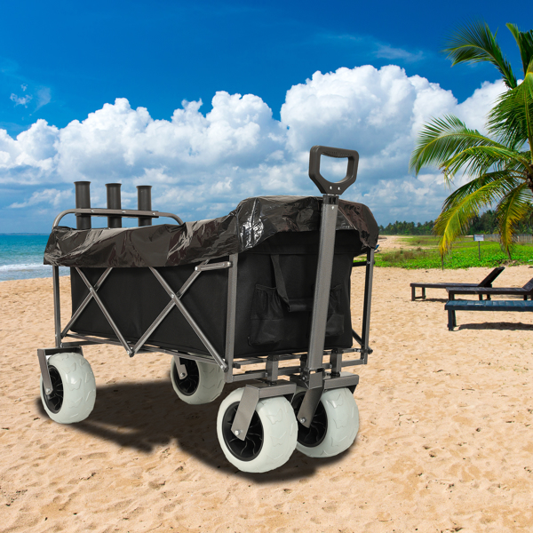 Fishing Cart with Rod Holders ,Beach Wagon with Big Wheels for Sand 500lbs capacity - All Terrain Steel Frame Utility Cart with 9" Pneumatic Tires,strap with multiuse bag ,black