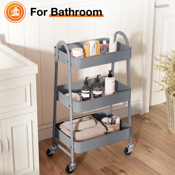 3 Tier Small Rolling Cart, Metal Utility Storage Organizer Kitchen Trolley Bathroom Laundry Room Bar Office Shelves