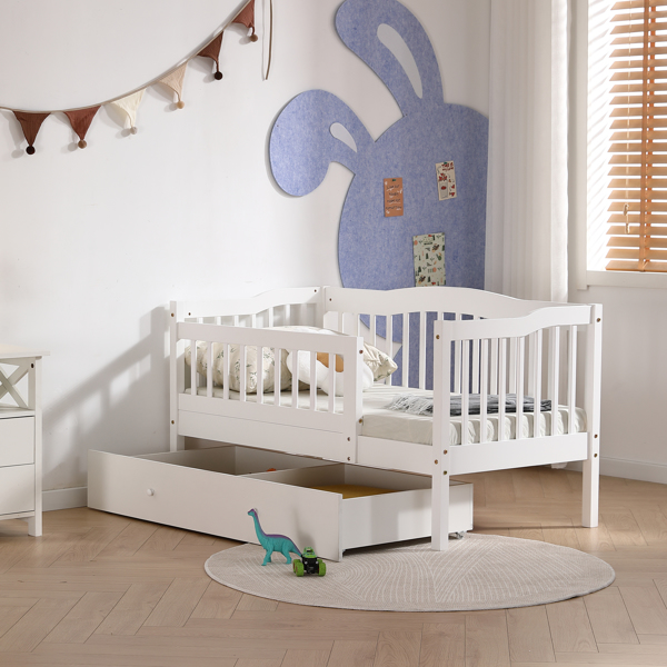 FCH Vertical Fence White Painted Pine Toddler Bed with Bottom Drawer and Side Car Bed