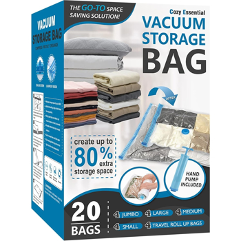 20 space saving bags (5 extra large/5 large/5 medium/5 small/) for compressed storage of quilts and blankets, Including vacuum pump