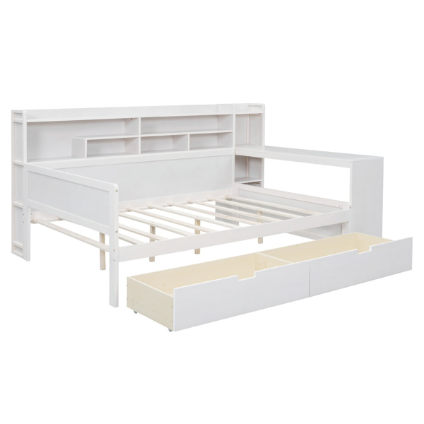 Wooden Full Size Daybed with Storage Shelves, Multi-functional Bed with Two Storage Drawers and  Study Desk, Antique White