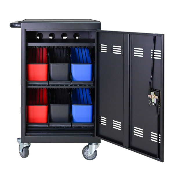 Tablet Laptop 32-bit-Plastic Device Basket Device for Mobile Charging Trolley- Includes Cable Management Dividers, Cable Clips, Storage Compartment, and Removable Doors (Black)