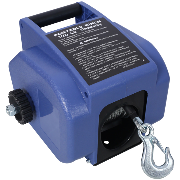 12v Trailer Winch,Reversible Electric Winch, for Boats up to 6000 lbs.Galvanized Wire Rope,with extra pulley hook,power in and power out,with manual function.blue plastic casing