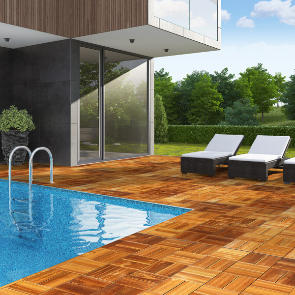 27pcs Wood Interlocking Deck Tiles 11.8"x11.8", Waterproof Flooring Tiles for Indoor and Outdoor, Patio Wood Flooring for Patio Porch Poolside Balcony Backyard