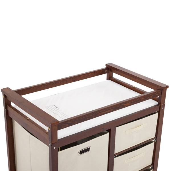 FCH Wooden Frame Removable Top Brown Painted Pine Children's Cot with 3 Fabric Drawers + 1 Fabric Bag