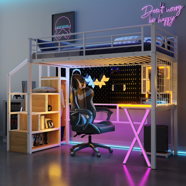Twin Size Metal Loft Bed with Built-in Work Station, Wardrobe, Storage Staircase and LED, White