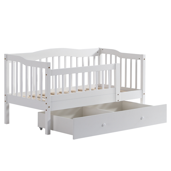 FCH Vertical Fence White Painted Pine Toddler Bed with Bottom Drawer and Side Car Bed