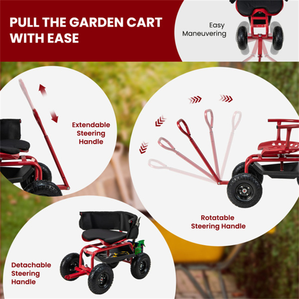 Garden Cart Height Adjustable Scooter with Swivel Seat & Tool Storage Red