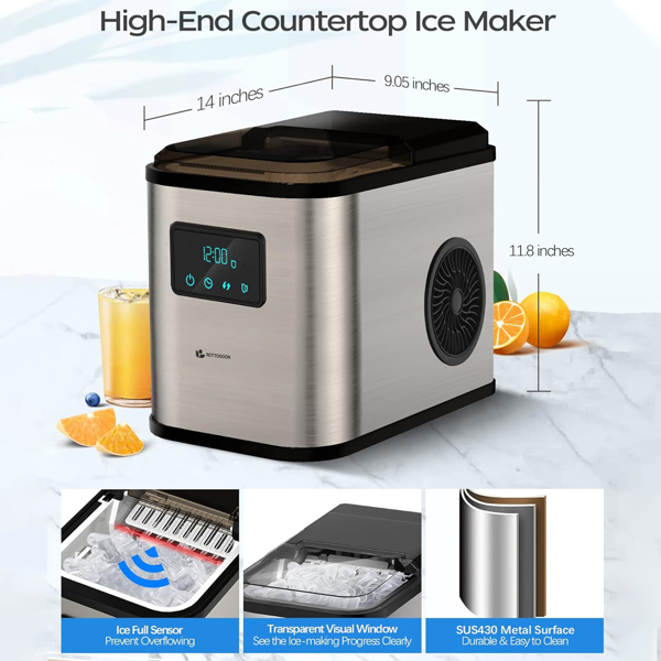 Ice Maker Countertop, Portable Ice Maker Machine, 28lbs/24Hrs, 6 Mins/9 Pcs Bullet Ice, Mini Ice Maker with Self Cleaning, Time Reservation Function, LED Display, Include Scoop & Basket, Stainless