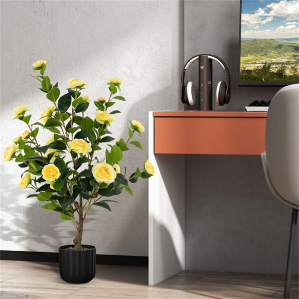 2 PCS 38 Inch Artificial Camellia Tree Faux Flower Plant in Cement Yellow