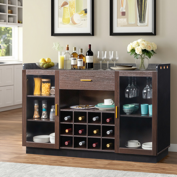 FCH Double Glass Door with Single Drawer and 12-Bottle Wine Rack Sideboard in Black Frame + Gray-Brown Interior Panels - Particle Board and Glass