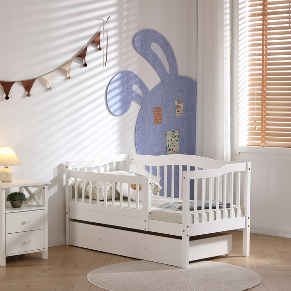 FCH Vertical Fence White Painted Pine Toddler Bed with Bottom Drawer and Side Car Bed