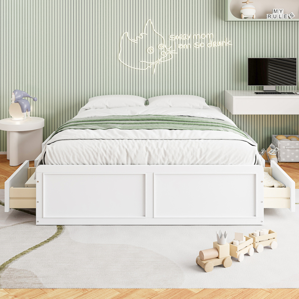 Wood Queen Size Platform Bed Frame with 6 Drawers, White