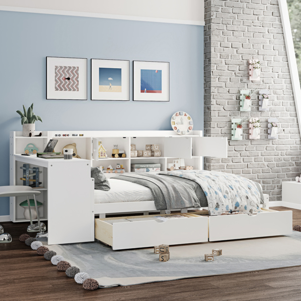 Wooden L-Shape Daybed with Seven Storage Cabinets and Two Storage Drawers, Multi-functional Bed with Study Desk and Built-in Bookshelf, White