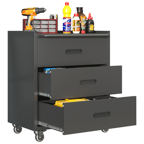 Heavy-Duty Metal Storage Cabinet with Wheels - 3 Drawer Tool Cabinet for Garage, Office, and Home Organizer Solutions, Black/Gray