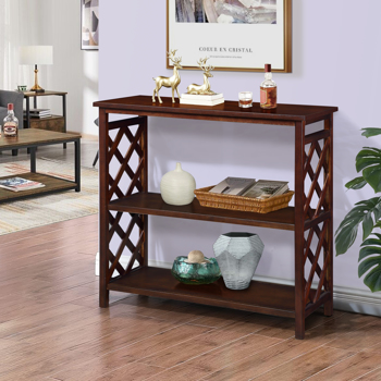 Console Table 3-Tier with Storage Shelves,Open Bookshelf Bookcase with Solid Wood Legs for Hallway, Living Room and Bedroom. Cherry