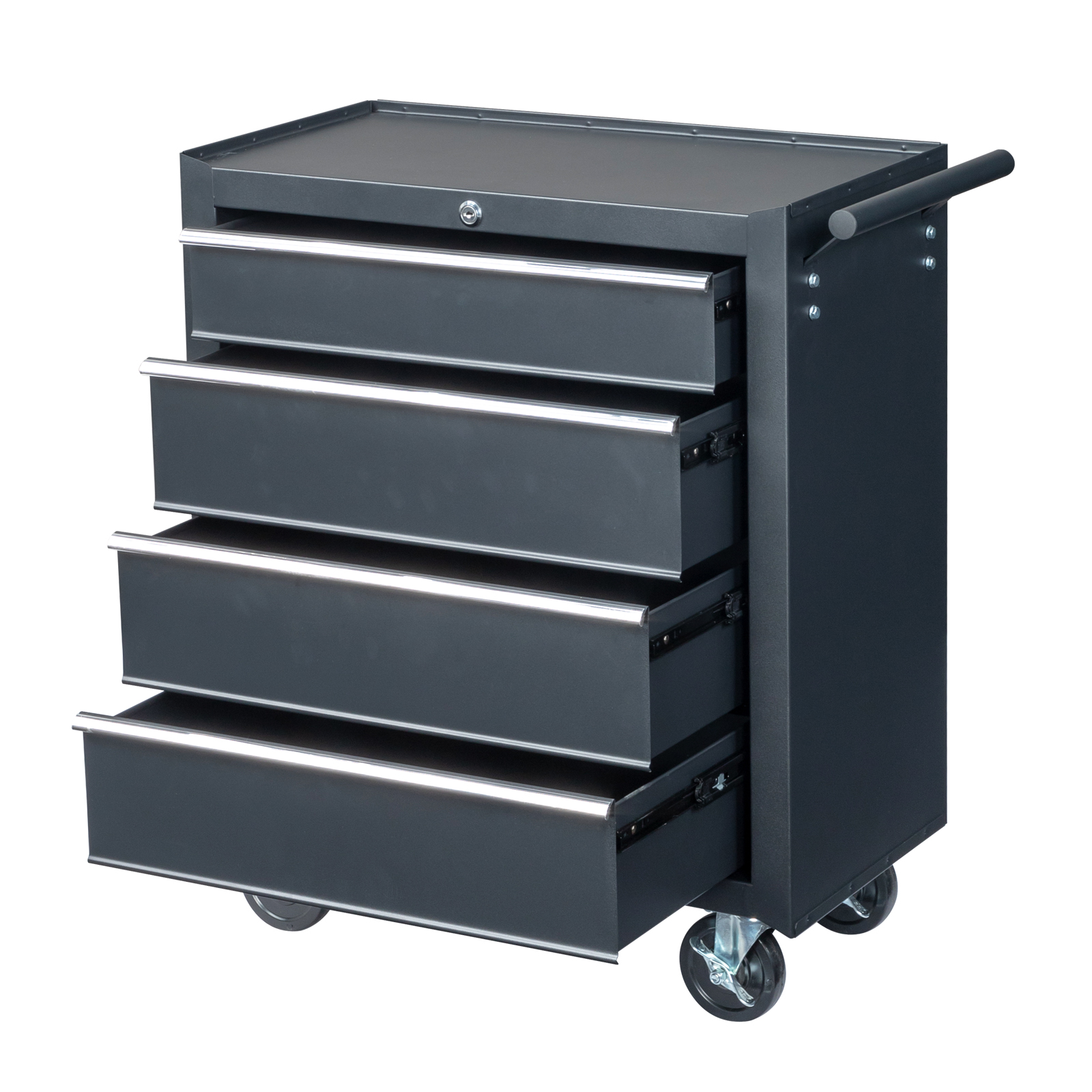 Single-bottom cabinet 4-draw, steel, black 330lb instrument cart, storage room view 1