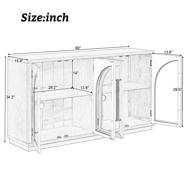 4-Door Large Storage Sideboard Buffet Cabinet with Glass Doors, Arched Cabinet with Adjustable Shelves for Kitchen, Dining Room and Living Room (Natural Wood)