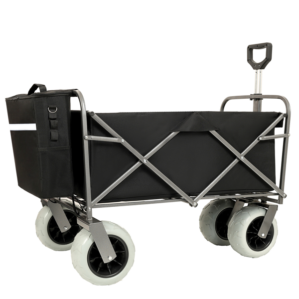 Beach Wagon with Big Wheels for Sand 500lbs capacity - All Terrain Steel Frame Utility Cart with 9" Pneumatic Tires, Collapsible Folding Design ,strap with multiuse bag ,black