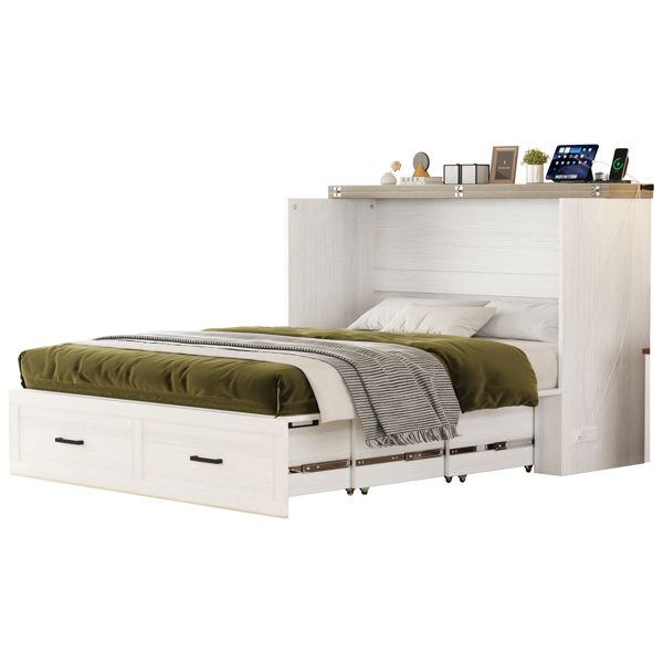 Queen Size Farmhouse Murphy Cabinet Bed with Charging Station, Foldable Platform Bed with Large Storage Drawer for Guest-Room, Small Bedroom, White