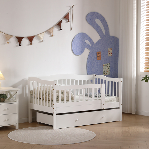 FCH Vertical Fence White Painted Pine Toddler Bed with Bottom Drawer and Side Car Bed