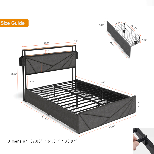 LED Queen Bed Frame, Storage Headboard with Charging Station, Solid and Stable, Noise Free, No Box Spring Needed, Easy Assembly