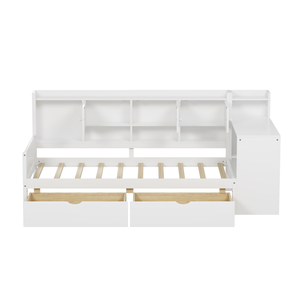 Wooden L-Shape Daybed with Seven Storage Cabinets and Two Storage Drawers, Multi-functional Bed with Study Desk and Built-in Bookshelf, White