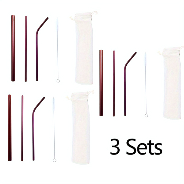 Purple 3 Sets (9pcs) Of Reusable Straws With Cleaning Brush And Storage Bag, Colorful Bent Straws And Straight Straws, Perfect For Parties, Restaurants, Home, Halloween, Christmas.