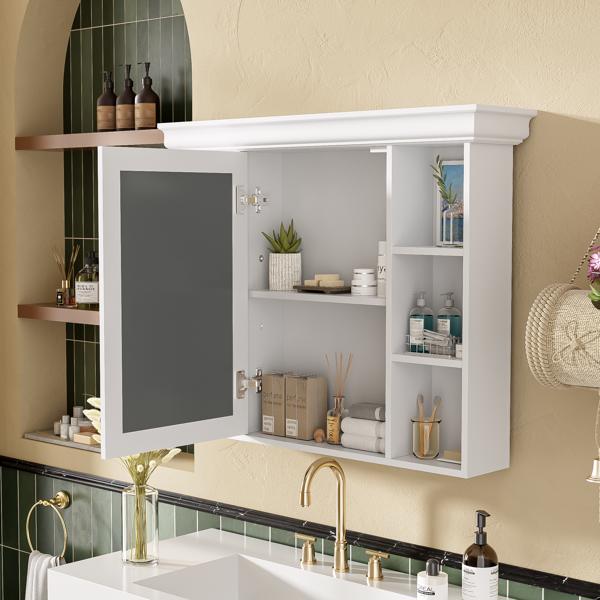 35'' x 28'' White Wall Mounted Bathroom Storage Cabinet with Mirror Door, Modern Bathroom Wall Cabinet with Mirror, Medicine Cabinet with 6 Open Shelves