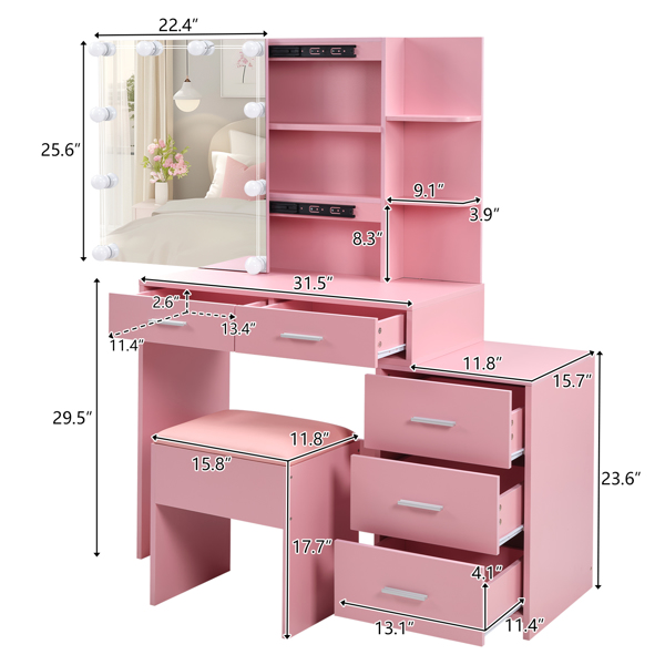 Pink Textured Particle Board with Melamine Laminate Five-Drawer Two-Shelf Sliding Door Mirror Cabinet Dressing Table Set with Three-Color Dimmable Bulb