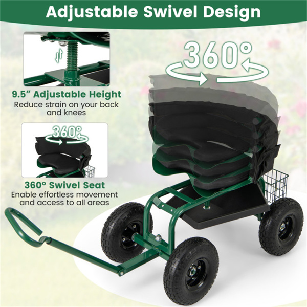 Garden Cart Height Adjustable Scooter with Swivel Seat & Tool Storage Green