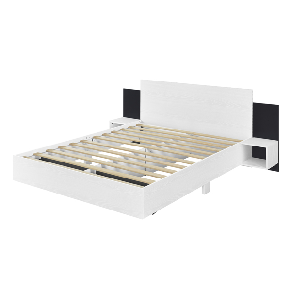 Queen Size Wooden  Floating Platform Bed, with LED Lights, Bedside Nightstand, White