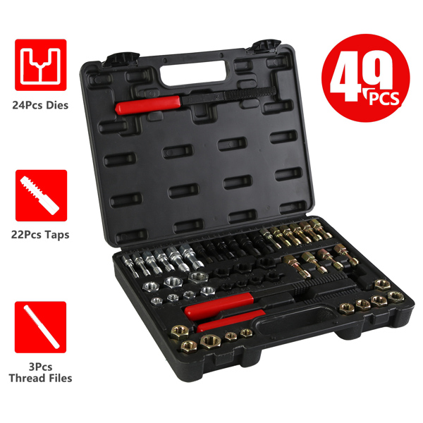 49Pcs Thread Chaser Set Thread Restorer Kit Thread Chaser Repair Tool Kit Includes 24 Rethreading Dies 22 Rethreading Taps 3 Thread Files