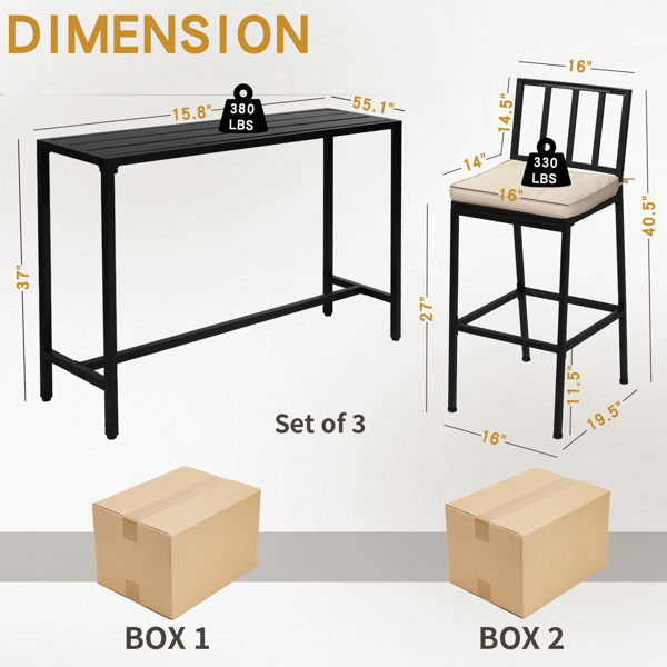 3 Piece Outdoor Patio Bar Set, 55" Rectangular Pub Height High Top Bar Table with 2 Cushioned Bar Stools, Metal Bar Table and Chairs Set for Balcony Backyard Porch