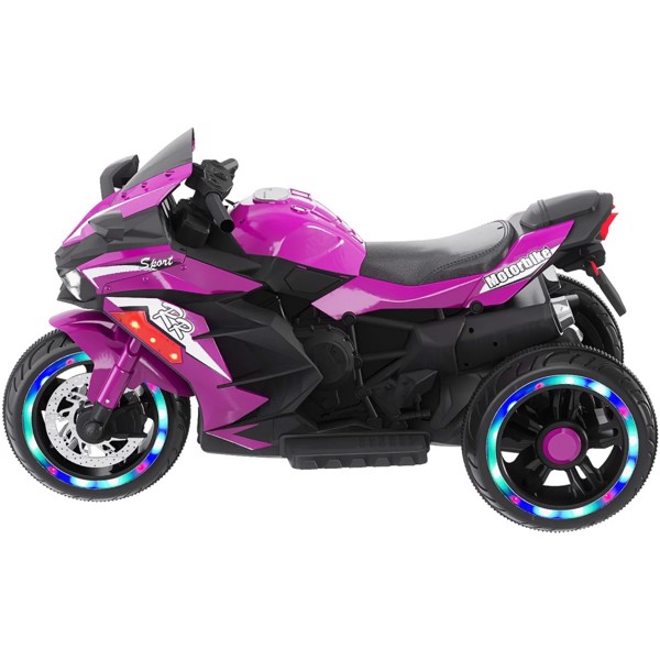 12V Electric Motorcycle for Kids, 3-Wheel Ride On Motorbike, Battery Powered Ride on Toy with LED Light Wheels, MP3, up to 110lbs, Purple，three wheels