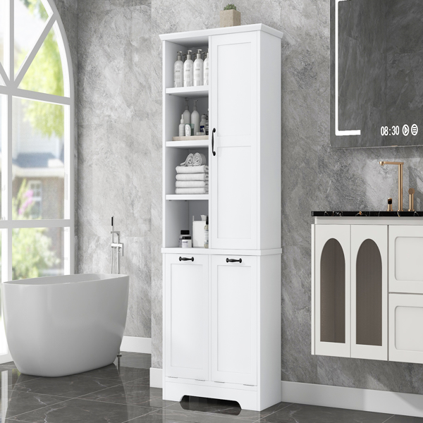 Bathroom Storage Cabinet with Doors and Drawers, Tilt-Out Laundry Hamper, Multiple Storage Space, Freestanding Style, Open Shelve, Adjustable Shelf, White