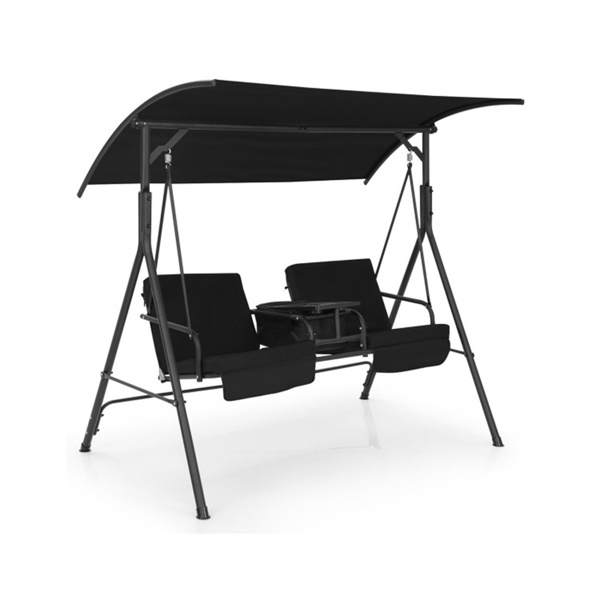 2 Seater Porch Swing Chair with Handy Storage and 360° Rotatable Tray Black