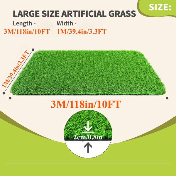 3ft x 10ft Premium Artificial Turf Mat with Drainage Holes. Thick Fake Grass with Rubber Backing, Ideal for Indoor/Outdoor Pet Areas, Garden, Lawn, Patio & Balcony Decor