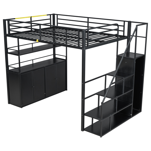 Full Size Metal Loft Bed with Storage Staircase and Wardrobe,Shelves and Lockers,Black