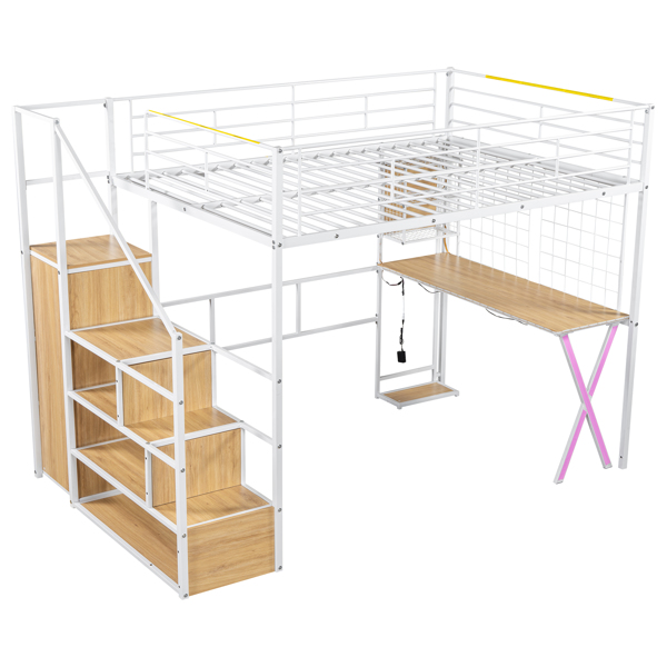 Full Size Metal Loft Bed with Built-in Work Station, Wardrobe, Storage Staircase and LED, White