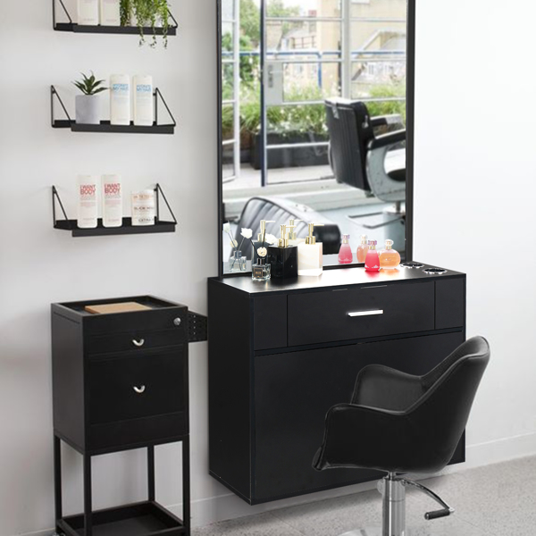 【same code：75512472】15% E0 chipboard linen top 1 drawer 1 door with mirror Salon cabinet black