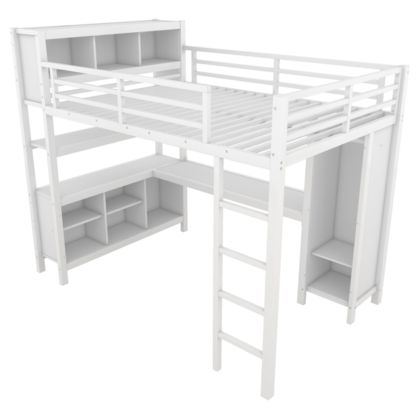 Metal Loft Bed with Wardrobe And L-shaped Desk, Full Size Loft Bed with Storage Cubes and Shelves, Heavy Duty Loft Bed for Kids Teens Adults, White