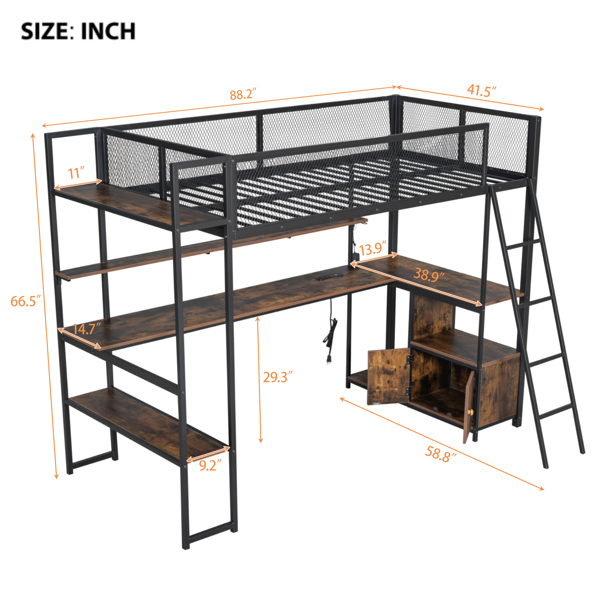 Twin Size Metal Loft Bed with Built-in Work Station, LED and Multiple Storage, Black