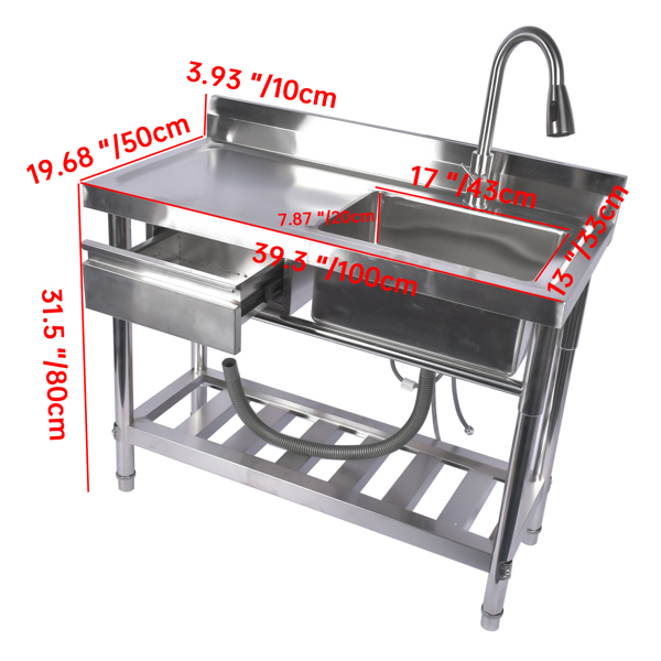 Stainless Steel Kitchen Sink Commercial Freestanding Utility Sink with Drawer and Pull-Out Faucet (39.3", RIght Sink)