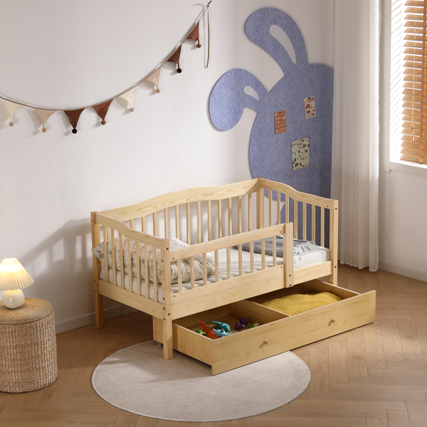 FCH Vertical Fence Wood Painted Pine Toddler Bed with Bottom Drawer and Side Car Bed