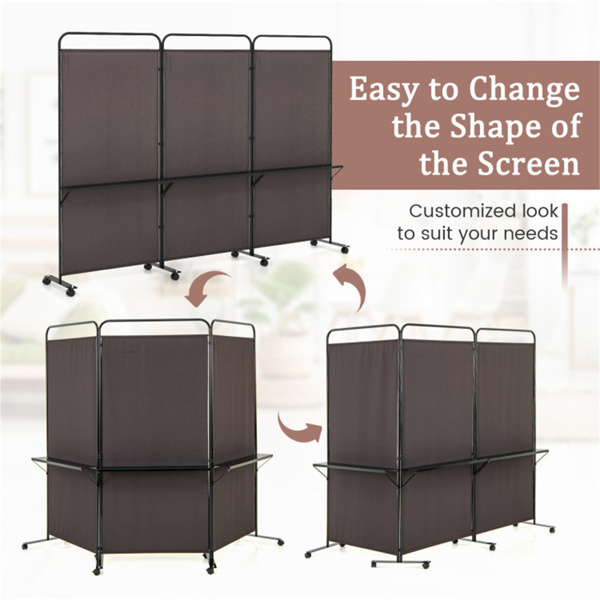 3-Panel Folding Divider with Lockable Wheels and 3 Metal Shelves Brown