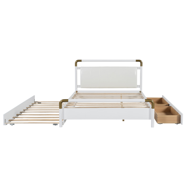 Queen Size Wooden Storage Platform Bed, with 2 Big Drawers, T-XL Size Trundle, White