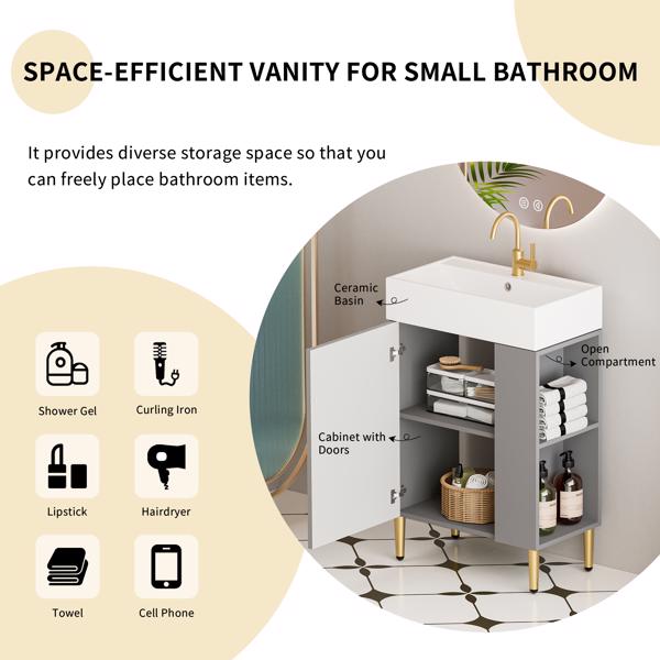 21.6" Open-shelving Bathroom Vanity with Ceramic Sink and Soft-Closing Door, Cloakroom Open Shelf Storage Cabinet on the Right Side, Assembly Required, Grey 24VB06-21MGR